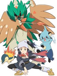  3:4 akari_(pokemon) anthro archer blue_body blue_fur crouching cyndaquil decidueye dewott female feral fire flaming_hair fur generation_2_pokemon generation_5_pokemon generation_7_pokemon group hi_res human kagura_(artist) mammal ninja nintendo pokeball pokemon pokemon_(species) pokemon_legends_arceus pseudo_hair seashell shell warrior 