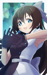  absurdres armpits bad_id bad_pixiv_id belt black_gloves blue_eyes bow brown_hair dress drop_earrings earrings evening_gown female gloves grey_belt hairbow highres huge_bow idol_clothes jewelry lace lace_gloves long_hair looking_at_viewer love_live! love_live!_nijigasaki_high_school_idol_club makimaki open_mouth osaka_shizuku sleeveless sleeveless_dress smile solitude_rain_(love_live!) solo two-tone_dress upper_body white_bow 