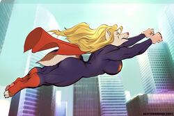  anika_peyton anthro ass big_breasts big_butt blonde_hair breasts canid canine canis city city_background dc_comics domestic_dog female flying glitterawrxd hair illustration mammal muscular muscular_female solo superhero wolf 