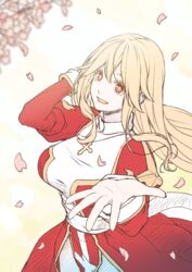  blonde_hair breasts bright_pupils commentary_request cowboy_shot cross cross_necklace dress female high_priest_(ragnarok_online) jewelry juliet_sleeves large_breasts long_hair long_sleeves looking_at_viewer margaretha_sorin masaki_shino necklace open_mouth palms petals puffy_sleeves ragnarok_online reaching reaching_towards_viewer red_dress red_eyes sash smile solo two-tone_dress white_dress white_pupils white_sash 