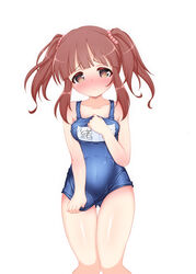  ass_visible_through_thighs blue_one-piece_swimsuit blunt_bangs blush breasts brown_eyes brown_hair commentary_request covered_navel female hand_on_own_chest highres hosizora_mikoto idolmaster idolmaster_cinderella_girls long_hair name_tag ogata_chieri old_school_swimsuit one-piece_swimsuit school_swimsuit simple_background solo swimsuit swimsuit_tug thigh_gap thighs twintails white_background 