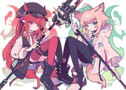  2girls ahoge animal_ears arknights bident blue_eyes cane coat demon_horns demon_tail fox_ears fox_tail hat holding holding_polearm holding_staff holding_weapon horns infection_monitor_(arknights) long_hair multiple_girls necktie peroppafu polearm red_eyes red_hair shoes socks staff sussurro_(arknights) tail vigna_(arknights) weapon white_background 