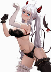  ahoge armpits arms_up asymmetrical_gloves asymmetrical_legwear black_bra black_gloves black_panties black_thighhighs blue_eyes blush bra breasts bridal_garter capitan_wei cleavage closed_mouth commentary cowboy_shot demon_girl demon_horns demon_tail elbow_gloves female frills garter_straps gloves highres horns large_breasts lingerie long_hair looking_at_viewer mismatched_legwear navel oerba_yun_fang panties paw_pose pubic_tattoo red_ribbon ribbon single_elbow_glove skin_fang smile solo tail tail_ornament tail_ribbon tattoo thighhighs twintails underwear underwear_only v-shaped_eyebrows vei_(vtuber) vei_(vtuber)_(4th_costume) very_long_hair virtual_youtuber vshojo white_gloves white_hair white_thighhighs 