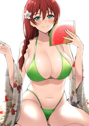  absurdres bikini blue_eyes blush braid breasts closed_mouth commentary_request emma_verde female flower green_bikini hair_between_eyes hair_flower hair_ornament hand_fan highleg highleg_bikini highleg_swimsuit highres holding holding_fan kitaku_(nakamachi_machi) large_breasts long_hair looking_at_viewer love_live! love_live!_nijigasaki_high_school_idol_club navel red_hair simple_background single_braid smile solo swimsuit white_background 