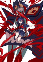  absurdres blood blue_eyes blue_hair blue_serafuku blue_skirt bright_pupils closed_mouth colored_sclera colored_skin dark_persona dual_wielding fangs fangs_out female green_skin grey_background hair_between_eyes highres holding holding_sword holding_weapon kill_la_kill linglingzhong3 matoi_ryuuko medium_hair multicolored_hair parted_lips red_eyes red_hair red_legwear reverse_grip school_uniform scissor_blade_(kill_la_kill) senketsu serafuku sharp_teeth simple_background skirt solo streaked_hair sword teeth two-tone_hair uniform veins weapon white_pupils yellow_sclera 