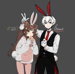  1boy :o animal_ears black_pants black_vest blue_eyes brown_eyes brown_hair closed_mouth collaboration commentary egg english_commentary extra_ears fake_animal_ears fang_out female gloves highres holding holding_egg indie_virtual_youtuber leggings long_hair long_sleeves looking_at_viewer necktie oerba_yun_fang open_mouth pants pointy_ears rabbit_ears red_necktie shirt smile standing tailcoat teru_(terupancake) terupancake twintails unsomnus vest virtual_youtuber w white_gloves white_hair white_shirt wing_collar wrist_cuffs 