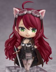  absurdres ahoge animal_ears black_gloves chibi commission earrings faux_figurine female full_body gloves green_eyes hand_on_hilt highres indie_virtual_youtuber jewelry long_hair looking_at_viewer mitsuru_masamune nendoroid open_mouth red_hair ringlets second-party_source shiori2525 smile solo sword sword_earrings teeth upper_teeth_only virtual_youtuber weapon 