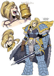  :d adeptus_astartes animal_skull armor beer_mug blonde_hair blue_eyes blush boobplate braid breastplate cape clenched_teeth closed_mouth commentary cup fang_out fangs female fur_cape gauntlets genderswap_(mtf) greaves highres holding holding_cup holding_sword holding_weapon jewelry leman_russ long_hair looking_at_viewer mjalnar mug multiple_views necklace oerba_yun_fang open_mouth pauldrons pelt pelvic_curtain ponytail primarch rule_63 ryuusei_(mark_ii) scar scar_across_eye shoulder_armor shoulder_spikes side_braids signature simple_background smile space_wolves spikes sword tankard teeth tooth_necklace warhammer_40k weapon white_background 