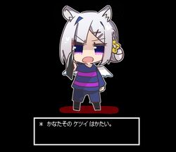  amane_kanata angel angel_wings animal_ears blue_hair braid braided_bun colored_inner_hair commentary cosplay feathered_wings female frisk_(undertale) frisk_(undertale)_(cosplay) grey_hair hair_bun hamster_ears hamster_girl hololive looking_at_viewer multicolored_hair official_alternate_hairstyle open_mouth pointing pointing_at_viewer purple_eyes shirakami_fubuki_(artist) short_hair single_hair_intake solo striped_clothes striped_sweater sweater translated undertale virtual_youtuber wings 