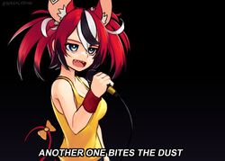  :d animal_ears black_background blue_eyes bow breasts cleavage commentary english_commentary english_text female hakos_baelz holding holding_microphone hololive hololive_english jitome medium_breasts microphone mouse_ears mouse_tail multicolored_hair open_mouth queen_(band) red_hair sharp_teeth shirt simple_background smile solo streaked_hair tail tail_bow tail_ornament teeth twintails twitter_username upper_body upper_teeth_only virtual_youtuber yellow_bow yellow_shirt yoako 