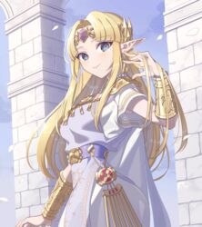  alternate_color blonde_hair blue_eyes blush bracer circlet dress earrings female jewelry long_hair looking_at_viewer miri_(cherryjelly) necklace pointy_ears princess_zelda simple_background smile solo super_smash_bros. the_legend_of_zelda the_legend_of_zelda:_a_link_between_worlds tiara triforce triforce_earrings 