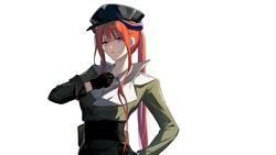  absurdres alternate_costume arknights bagpipe_(arknights) black_gloves black_hat collared_shirt dragon_horns female gloves hand_on_own_hip hat highres horns long_hair long_sleeves looking_at_viewer military military_uniform orange_hair parted_lips peaked_cap ponytail purple_eyes qinglai_haiji shirt sidelocks simple_background solo uniform very_long_hair white_background white_shirt 