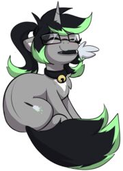  2019 alpha_channel alternate_species bell bell_collar cleaning_tool closed_eyes collar cutie_mark digital_media_(artwork) equid equine eyewear feather_duster feather_duster_in_mouth female feral glasses grey_background hasbro hi_res horn mammal my_little_pony mythological_creature mythological_equine mythology rectangular_glasses rileyisherehide simple_background sitting smile solo tharkis transparent_background unicorn 