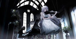  1other absurdres bare_arms belt blue_eyes commentary curtains dress feet_out_of_frame female grand_piano grey_hair highres igawa_hikaru indoors instrument long_dress long_hair music original piano plant playing_instrument playing_piano puppet_strings sleeveless sleeveless_dress spaghetti_strap stairs standing sunlight twitter_username very_long_hair violin weibo_watermark white_dress window 