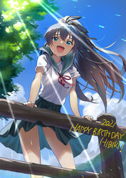  2021 :d andou_shuki arm_support black_ribbon blue_eyes blue_sky blush breasts character_name cloud commentary_request day female ganaha_hibiki grey_sailor_collar grey_skirt hair_between_eyes hair_ribbon happy_birthday high_ponytail idolmaster idolmaster_million_live! idolmaster_million_live!_theater_days long_hair looking_at_viewer neck_ribbon oerba_yun_fang open_mouth outdoors pleated_skirt ponytail red_ribbon ribbon sailor_collar school_uniform serafuku shirt short_sleeves skirt sky small_breasts smile solo standing sunlight very_long_hair white_shirt 