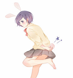  animal_ears arms_behind_back bad_id bad_pixiv_id bag barefoot blush bow brown_skirt brown_sweater closed_mouth commentary_request female from_side kirishima_touka looking_at_viewer miniskirt pleated_skirt purple_hair rabbit_ears red_bow red_neckwear school_uniform short_hair simple_background skirt smile solo star_(symbol) sweater tokyo_ghoul toukaairab white_background 