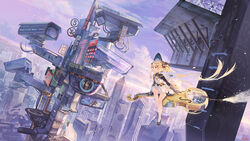  atdan bangs black_footwear blonde_hair blue_sky cello cityscape cloud dress female flying gauntlets hair_ornament hat highres instrument long_hair red_eyes revision scenery sitting sky solo synthesizer_v twintails very_long_hair witch_hat 