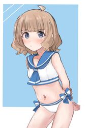  absurdres ahoge arms_behind_back bikini blue_background blue_bow blue_eyes blue_neckerchief blue_sailor_collar blush bow breasts commentary dot_nose female highres idolmaster idolmaster_million_live! light_brown_hair meeeeeeco359 navel neckerchief sailor_bikini sailor_collar sailor_swimsuit_(idolmaster) short_hair sidelocks simple_background small_breasts solo stomach suou_momoko swimsuit thighs wavy_hair wet white_bikini 