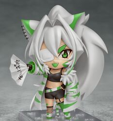  animal_ears artist_name asymmetrical_legwear black_gloves black_shorts chibi colored_tongue commission crop_top eyepatch faux_figurine female fingerless_gloves fishnet_socks fishnets full_body garter_straps gloves green_eyes green_legwear green_tongue hair_intakes hand_fan hand_fan_writing highres holding holding_fan indie_virtual_youtuber kneehighs long_hair mismatched_legwear nendoroid oerba_yun_fang open_mouth ponytail second-party_source shiori2525 shorts single_kneehigh single_sock single_thighhigh smile socks solo thighhighs translation_request very_long_hair virtual_youtuber white_hair zet_(vtuber) 