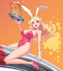  animal_ears bare_legs blonde_hair bow bowtie breasts cleavage commentary_request detached_collar female food full_body heart heart_background highres honey_(space_dandy) kemurin kneeling large_breasts leotard long_hair looking_at_viewer orange_background pancake pancake_stack pink_bow pink_bowtie pink_footwear pink_leotard playboy_bunny rabbit_ears rabbit_tail red_bow red_bowtie red_eyes red_leotard riding rocket smile solo space_dandy strapless strapless_leotard tail wrist_cuffs 