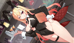  ;p animal_ears black_jacket black_leotard black_necktie blonde_hair breasts chair cleavage covered_navel detached_collar dutch_angle ear_piercing fake_animal_ears female gradient_hair hand_on_own_hip hand_up highleg highleg_leotard highres holding holding_tray jacket kitagawa_marin large_breasts leotard light_particles long_hair long_sleeves multicolored_hair necktie one_eye_closed orange_hair piercing playboy_bunny rabbit_ears red_eyes sleeve_cuffs sono_bisque_doll_wa_koi_wo_suru thigh_strap tongue tongue_out tray two-tone_hair yuxian_youka 