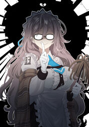  absurdres akane_(blue_archive) apron black-framed_eyewear blue_archive blue_necktie blue_ribbon blue_sky blush breasts brown_eyes brown_hair bursting_breasts cloud commentary day dress female floating_hair frills from_side glasses gloves hair_behind_ear hair_between_eyes hair_ribbon halo hands_up highres indoors large_breasts light_particles long_hair long_sleeves looking_at_viewer looking_to_the_side maid maid_headdress necktie plaid_shawl revision ribbon riffle_hunter shawl sideways_glance sky smile solo tucking_hair upper_body very_long_hair waist_apron white_apron white_gloves 