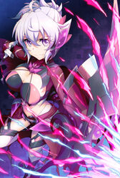  ahoge bow_(weapon) breasts chloe_von_einzbern chloe_von_einzbern_(cosplay) cleavage cosplay fate/kaleid_liner_prisma_illya fate_(series) female glowing headgear large_breasts light_purple_hair looking_at_viewer midriff navel purple_eyes senki_zesshou_symphogear senki_zesshou_symphogear_xd_unlimited shiny_skin solo standing thighhighs tied_hair uganda_(ugandam_00) waist_cape weapon white_thighhighs yukine_chris 