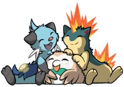  alpha_channel anthro blue_body blue_fur blush cuddling dewott feathers feral fire flaming_hair flaming_mane fur generation_2_pokemon generation_5_pokemon generation_7_pokemon group nintendo pokemon pokemon_(species) portugueselynx pseudo_hair pseudo_mane quilava rowlet seashell shell sitting wings 