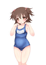  akagi_miria arms_up ass_visible_through_thighs blue_one-piece_swimsuit blush breasts brown_eyes brown_hair commentary_request covered_navel female hair_bobbles hair_ornament hands_on_own_shoulders highres hosizora_mikoto idolmaster idolmaster_cinderella_girls name_tag old_school_swimsuit one-piece_swimsuit open_mouth school_swimsuit short_hair simple_background small_breasts solo swimsuit thigh_gap thighs two_side_up white_background 