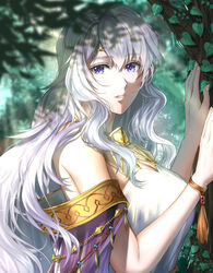  bare_shoulders bracelet breasts circlet cleavage dappled_sunlight deirdre_(fire_emblem) delsaber dress female fire_emblem fire_emblem:_genealogy_of_the_holy_war forest highres jewelry large_breasts long_hair looking_at_viewer nature outdoors purple_eyes shade sidelocks sleeveless sleeveless_dress solo sunlight tree tree_shade upper_body very_long_hair white_dress white_hair 