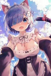  :d absurdres animal_ears bitseon blue_eyes blue_hair blush breasts cat_ears cat_girl cat_tail cleavage cloud commentary day detached_sleeves female flower_knot frilled_sleeves frills hair_ornament hair_over_one_eye hair_ribbon highres kemonomimi_mode large_breasts looking_at_viewer maid medium_breasts oerba_yun_fang open_mouth outdoors re:zero_kara_hajimeru_isekai_seikatsu red_ribbon rem_(re:zero) ribbon ribbon_trim roswaal_mansion_maid_uniform short_hair smile solo tail x_hair_ornament 