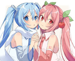  2girls blue_hair blue_necktie cherry_hair_ornament closed_mouth collared_shirt commentary detached_sleeves dual_persona food-themed_hair_ornament hair_ornament hatsune_miku holding_hands long_hair looking_at_viewer multiple_girls necktie open_mouth paya_(alunair) pink_hair pink_necktie sakura_miku scarf shirt simple_background smile tattoo twintails upper_body vocaloid white_background white_scarf wide_sleeves yuki_miku yuki_miku_(2011) 