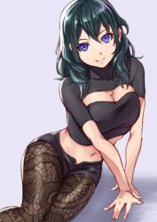  absurdres arm_support black_shirt black_shorts breasts brown_pantyhose byleth_(female)_(fire_emblem) byleth_(fire_emblem) cleavage cleavage_cutout closed_mouth clothing_cutout commentary_request covered_collarbone cowboy_shot crop_top cropped_shirt female fire_emblem fire_emblem:_three_houses floral_print green_hair grey_background hair_between_eyes highres ikastak lace-trimmed_legwear lace_trim large_breasts long_hair looking_at_viewer midriff navel pantyhose pantyhose_under_shorts patterned_clothing patterned_legwear print_pantyhose purple_eyes shadow shirt short_shorts short_sleeves shorts sidelocks simple_background sitting smile solo yokozuwari 