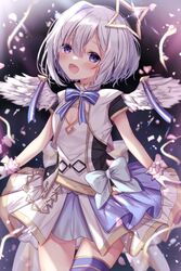  amane_kanata angel angel_wings bad_id bad_twitter_id blue_hair blush bob_cut breast_cutout colored_inner_hair commentary feathered_wings female gloves grey_hair halo highres hololive hololive_idol_uniform idol_clothes looking_at_viewer multicolored_hair official_alternate_costume open_mouth purple_eyes short_hair single_hair_intake solo sorashima_(117) star_halo virtual_youtuber white_gloves wings 