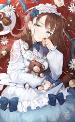  :o blue_bow blue_bowtie bow bowtie brown_hair earrings female flower frilled_hairband frilled_sleeves frills hairband highres hugging_object idolmaster idolmaster_cinderella_girls jewelry koyo_akio lolita_fashion looking_at_viewer medium_hair patterned_clothing petals ring sakuma_mayu solo stuffed_animal stuffed_toy teardrop tears teddy_bear 