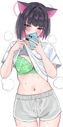  animal_ears black_choker black_hair blue_archive blush bob_cut bra bra_visible_through_clothes breasts cat_ears choker clothes_lift colored_inner_hair commentary_request female green_bra hair_intakes halo highres holding holding_phone kazusa_(blue_archive) lace lace_bra large_breasts lifting_own_clothes looking_at_phone medium_hair multicolored_hair navel phone pink_eyes pink_hair pink_halo selfie shirt shirt_lift short_sleeves shorts simple_background solo steaming_body stomach sweat t-shirt thighs tsumayouji_(tumayog) two-tone_hair underwear white_background white_shirt white_shorts 