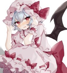  bat_wings blue_hair blush bow charisma_guard commentary cowering dress female frilled_shirt_collar frilled_sleeves frills hands_on_headwear hands_up hat hat_ribbon highres looking_at_viewer mob_cap open_mouth pink_dress puffy_short_sleeves puffy_sleeves red_bow red_eyes red_ribbon remilia_scarlet ribbon ribbon_trim short_hair short_sleeves solo sorani_(kaeru0768) touhou white_background wings wrist_cuffs 