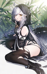  ahoge arknights bare_shoulders black_footwear black_thighhighs boots commentary coyucom crocodilian_tail female high_heel_boots high_heels highres hood long_hair looking_at_viewer parted_lips pointy_ears sitting solo tail thighhighs thighs tomimi_(arknights) white_hair yellow_eyes 