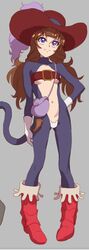  amanogawa_kirara belt_bra boots breasts brown_hair cat_tail closed_mouth female full_body gloves go!_princess_precure hat long_hair nadeara_bukichi navel precure purple_eyes simple_background smile solo tail twintails 