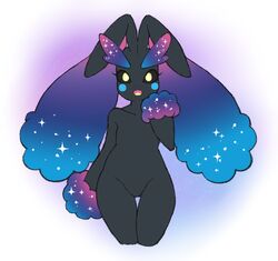  2022 anthro black_body black_sclera breasts cosmic_fur cosmog featureless_breasts featureless_crotch female flat_chested fluffy_ears fusion generation_4_pokemon generation_7_pokemon hybrid lagomorph lavenderaraliya legendary_pokemon leporid looking_at_viewer lopunny mammal nintendo open_mouth pokemon pokemon_(species) pokemon_fusion rabbit simple_background solo thigh_gap white_background wide_hips yellow_eyes 