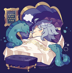  1boy :&lt; ahoge animal artist_name azul_ashengrotto blanket blue_hair blush_stickers bubble chibi closed_eyes closed_mouth commentary_request eel fish grey-framed_eyewear highres light_blue_hair lying male_focus mole mole_under_mouth moray_eel mouth_hold on_bed ottoman painting_(object) picture_frame pillow short_hair sleeping solo thought_bubble twisted_wonderland under_covers unworn_eyewear yumenouchi_chiharu 