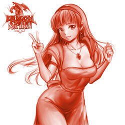  alicia_(dragon_spirit) breasts cleavage collarbone copyright_name covered_navel dragon_spirit dress earrings female hairband hands_up highres jewelry long_hair medium_breasts minamoto80486 monochrome necklace red_theme ringed_eyes simple_background smile solo v white_background 