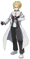  1boy alternate_costume bad_id bad_pixiv_id black_pants blonde_hair blue_eyes chains closed_mouth commentary_request full_body glasses gloves holding holding_poke_ball lab_coat logo long_sleeves looking_to_the_side male_focus pants poke_ball poke_ball_(basic) pokemon pokemon_dppt shoes solo spiked_hair standing team_galactic_uniform tsukumo_(shiro_bnal) vest volkner_(pokemon) 