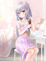  aqua_eyes bare_shoulders bed bedroom blush brushing_hair brushing_own_hair collarbone comb curtains feet_out_of_frame female frilled_nightgown frills highres holding holding_comb holding_own_hair indoors lkeris long_hair looking_at_viewer mirror nightgown off_shoulder original parted_lips pillow purple_nightgown ribbon sitting sleeveless solo stool stuffed_animal stuffed_toy teddy_bear white_hair yellow_ribbon 