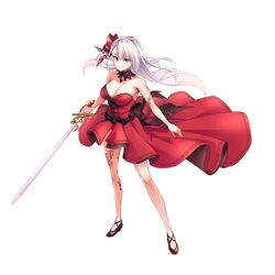  absurdres blue_eyes bow breasts dress earrings female floating_hair hairbow high_heels highres holding holding_sword holding_weapon jewelry keigen_hichou large_breasts leg_tattoo long_hair looking_at_viewer no_bra rapier red_bow red_dress riselia_ray_crystalia seiken_gakuin_no_maken_tsukai simple_background sleeveless sleeveless_dress sword tattoo thighhighs weapon white_hair 