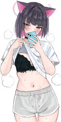  animal_ears black_bra black_choker black_hair blue_archive blush bob_cut bra bra_visible_through_clothes breasts cat_ears choker clothes_lift colored_inner_hair commentary_request female hair_intakes halo highres holding holding_phone kazusa_(blue_archive) lace lace_bra large_breasts lifting_own_clothes looking_at_phone medium_hair multicolored_hair navel phone pink_eyes pink_hair pink_halo selfie shirt shirt_lift short_sleeves shorts simple_background solo steaming_body stomach sweat t-shirt thighs tsumayouji_(tumayog) two-tone_hair underwear white_background white_shirt white_shorts 