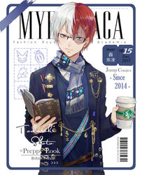  1boy alternate_costume alternate_eye_color artist_name barcode boku_no_hero_academia book brown_eyes burn_scar character_name cover cup disposable_coffee_cup disposable_cup ekita_kuro english_text fake_cover fake_magazine_cover fashion foreground-e green_eyes hair_ornament hairpin heterochromia holding holding_book holding_cup looking_at_viewer magazine_cover male_focus multicolored_hair open_book red_hair scar scar_on_face scarf short_hair solo split-color_hair text_background todoroki_shouto two-tone_hair white_background white_hair 