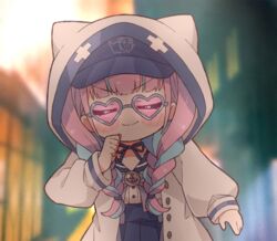  animal_hood blue_hair blue_sailor_collar blunt_bangs blush_stickers braid cat_hood chibi chibi_only choker ciki_ciki_bam_bam closed_eyes closed_mouth commentary english_commentary facing_viewer female heart heart-shaped_eyewear hololive hood hood_up hooded_jacket jacket kukie-nyan long_hair minato_aqua minato_aqua_(sailor) multicolored_hair night official_alternate_costume paripi_koumei pink-tinted_eyewear purple_hair ribbon_choker road sailor_collar school_uniform serafuku smile solo streaked_hair street sunglasses tinted_eyewear twin_braids twintails twitter_username two-tone_hair v-shaped_eyebrows virtual_youtuber 