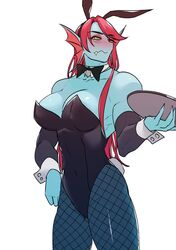  2022 absurd_res animal_humanoid bangs big_breasts blue_body blush bow_(feature) bow_in_front bow_tie breasts bunny_costume cleavage clothed clothing costume cute_fangs deltarune ear_fins embarrassed eyeshadow fake_ears fake_rabbit_ears fangs female fin fish fish_humanoid fishnet_clothing fishnet_legwear glistening glistening_body hair head_fin hi_res huge_breasts humanoid legwear leotard long_hair makeup marine marine_humanoid muscular muscular_female nails plate playboy playboy_bunny pupils red_eyeshadow red_hair simple_background slit_pupils solo teeth torotale undertale undertale_(series) undyne white_background yellow_sclera 