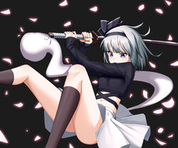  absurdres ass black_shirt blue_eyes breasts brown_socks cherry_blossoms crop_top female grey_hair hairband highres holding holding_sword holding_weapon katana kneehighs konpaku_youmu konpaku_youmu_(ghost) long_sleeves looking_at_viewer midriff navel setsurimu_(pro_viden) shirt short_hair skirt small_breasts socks solo sword thighs touhou weapon white_skirt 